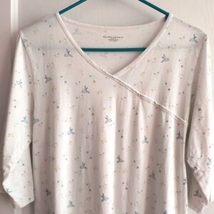 Cuddledown Night Gown M Bluebirds & Flowers Pima Cotton Asian Wrap Cottagecore